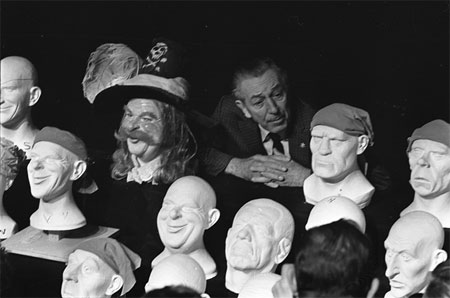 Walt Disney with some Pirates of the Caribbean heads